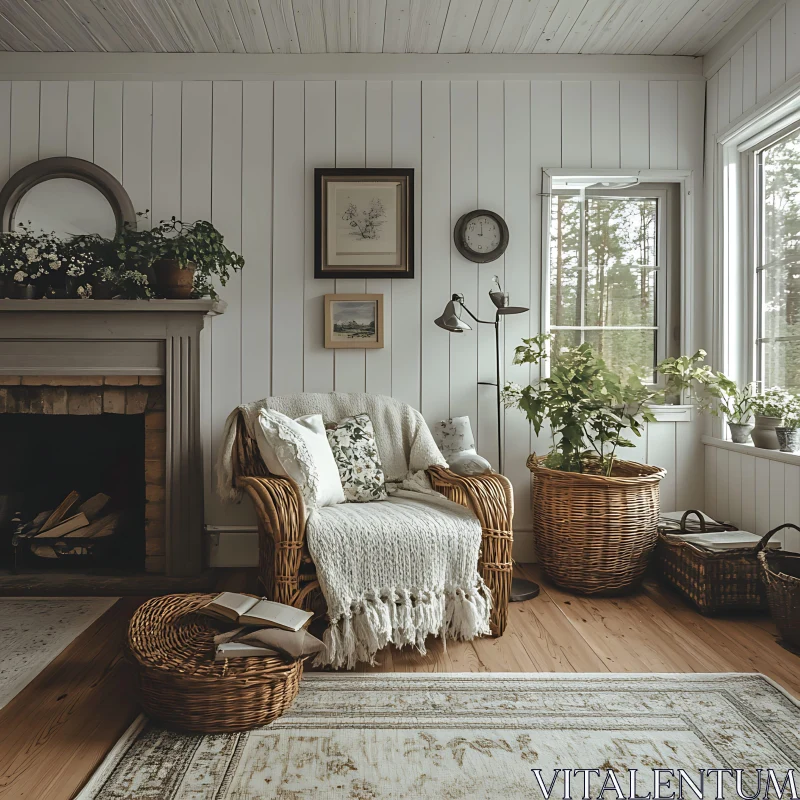 Cozy Room with Fireplace and Natural Light AI Image