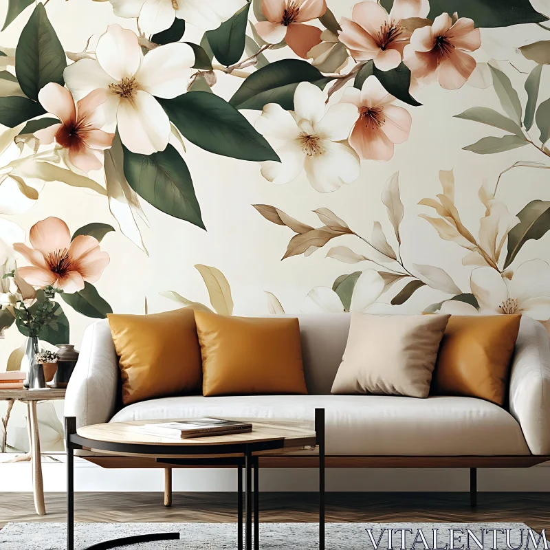 AI ART Floral Wallpaper and Modern Sofa