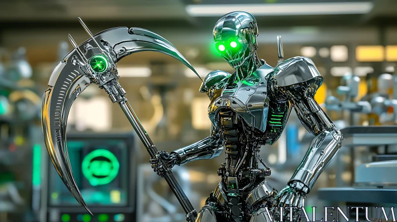 Advanced Robot with Scythe and Green Glowing Eyes in Lab AI Image