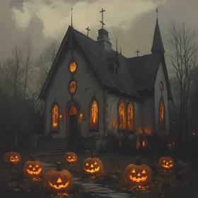 Spooky Church Scene with Jack-o'-Lanterns