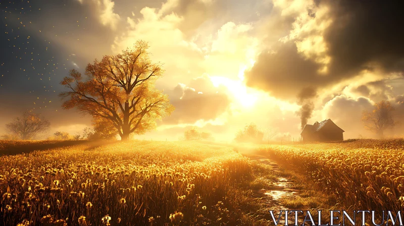 Sunlit Rural Landscape with House AI Image