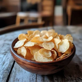 Golden Potato Chips on Wooden Table