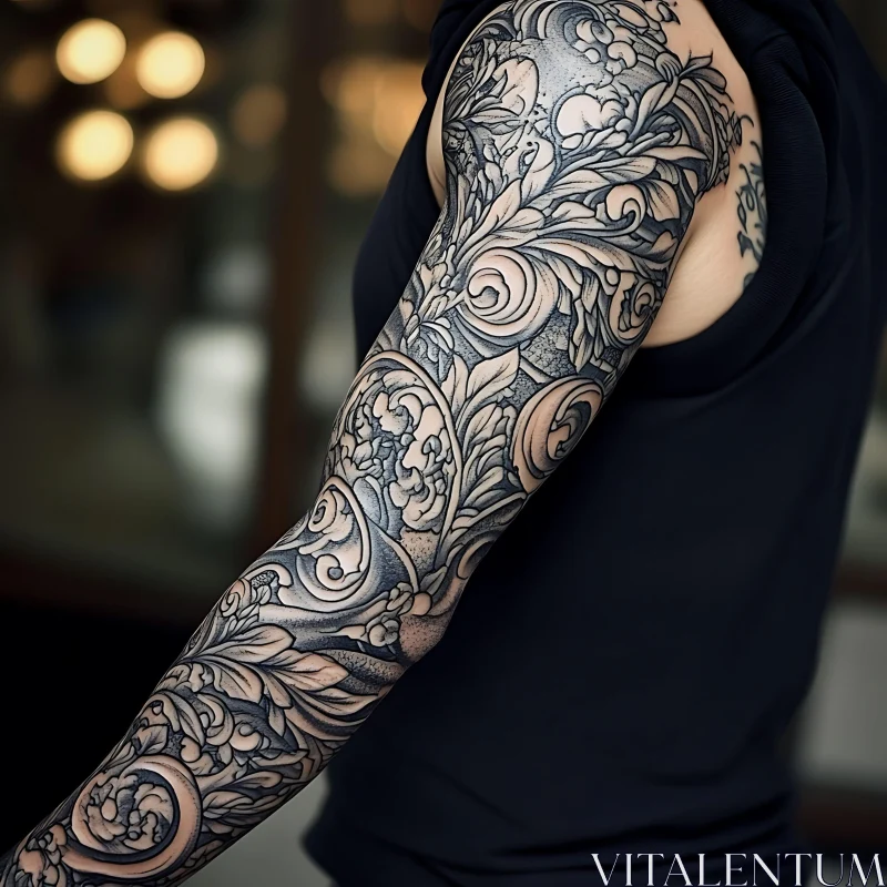 AI ART Detailed Black and Grey Floral Tattoo Sleeve