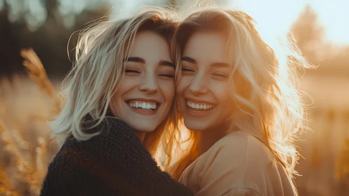 Golden Hour Embrace: Two Friends Smiling