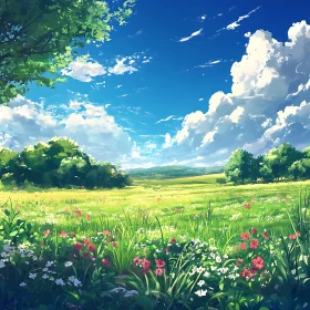 Floral Meadow Under Blue Sky