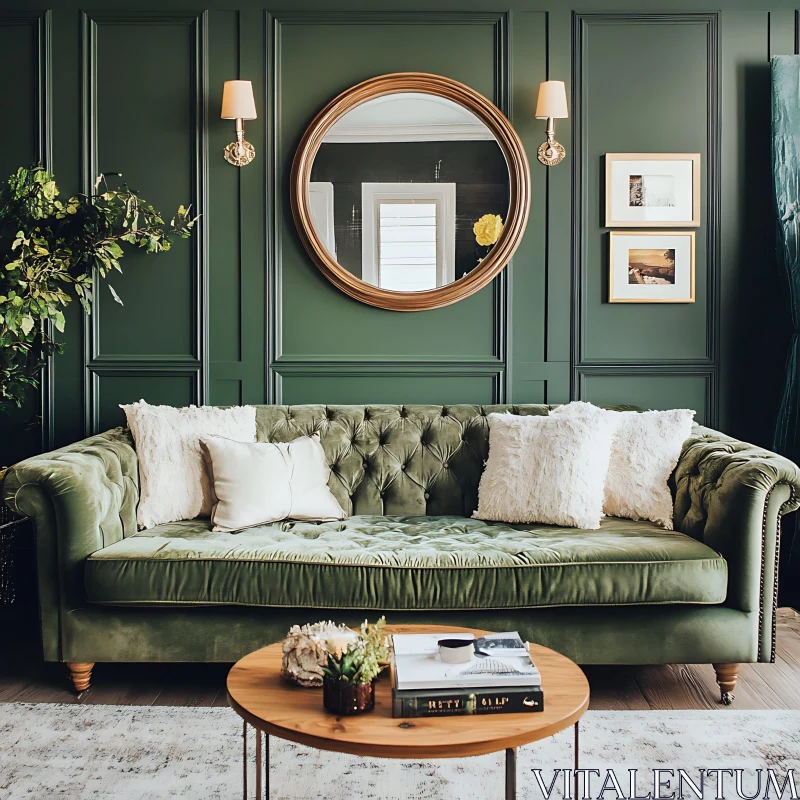 AI ART Stylish Green Living Room with Velvet Couch