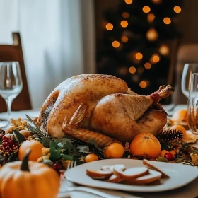 Festive Thanksgiving Table with Roasted Turkey