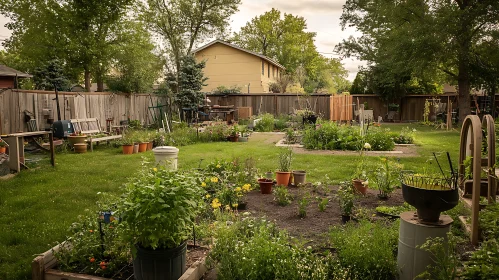 Idyllic Backyard Garden with Blooming Plants