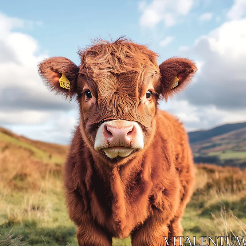 Fluffy Brown Calf in Scottish Highlands AI Image