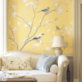 Elegant Interior with Bird Motif Wallpaper