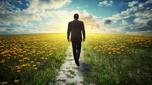 Man Walking on Path in Flower Field