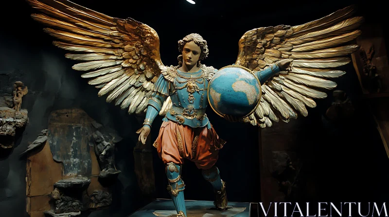 AI ART Winged Angel Holding Globe Statue