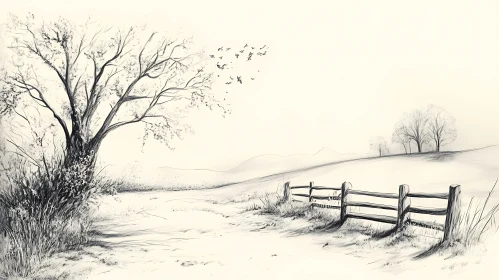 Peaceful Countryside Scene with Tree and Fence