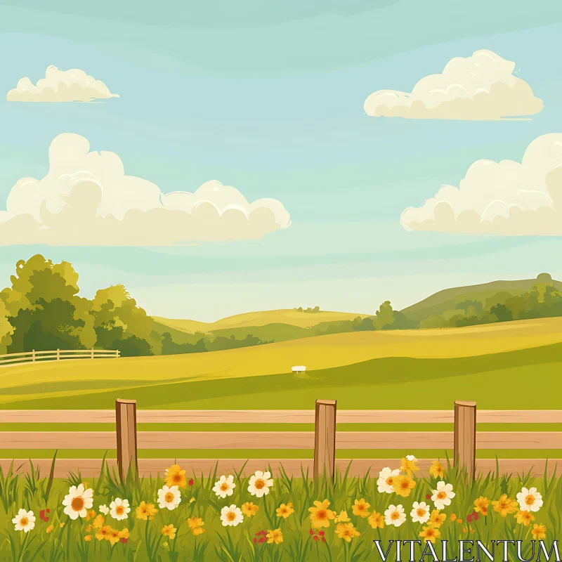 AI ART Scenic Field View with Fence and Flowers