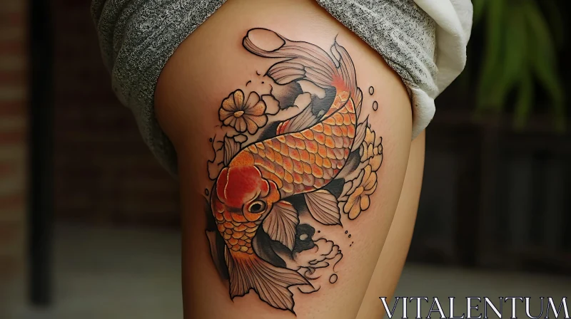 Koi Fish and Flowers Thigh Tattoo Art AI Image