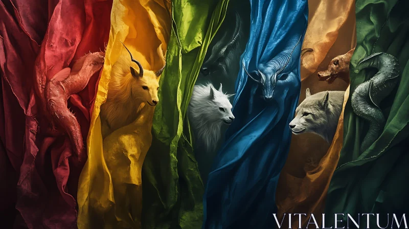 Mythical Creatures Amongst Vivid Cloth AI Image