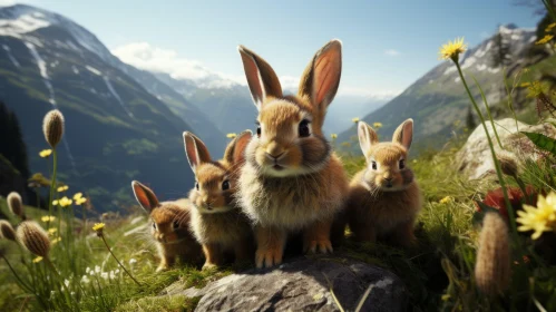 Charming Bunnies Gazing at Majestic Mountains