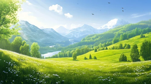 Picturesque Mountain Landscape with Green Meadow