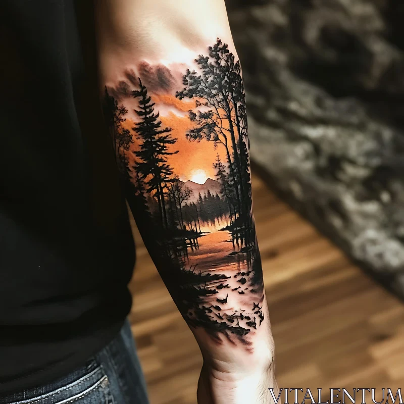 Sunset Forest Tattoo Design on Arm AI Image