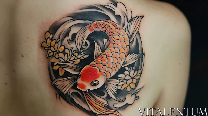 Koi Fish Tattoo Art with Water and Flowers AI Image