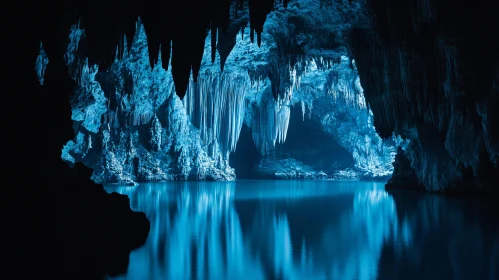 Mystical Blue-Lit Underground Cave