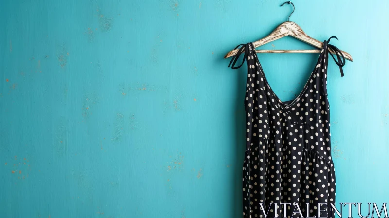 Elegant Black Dress with White Polka Dots on Wooden Hanger AI Image