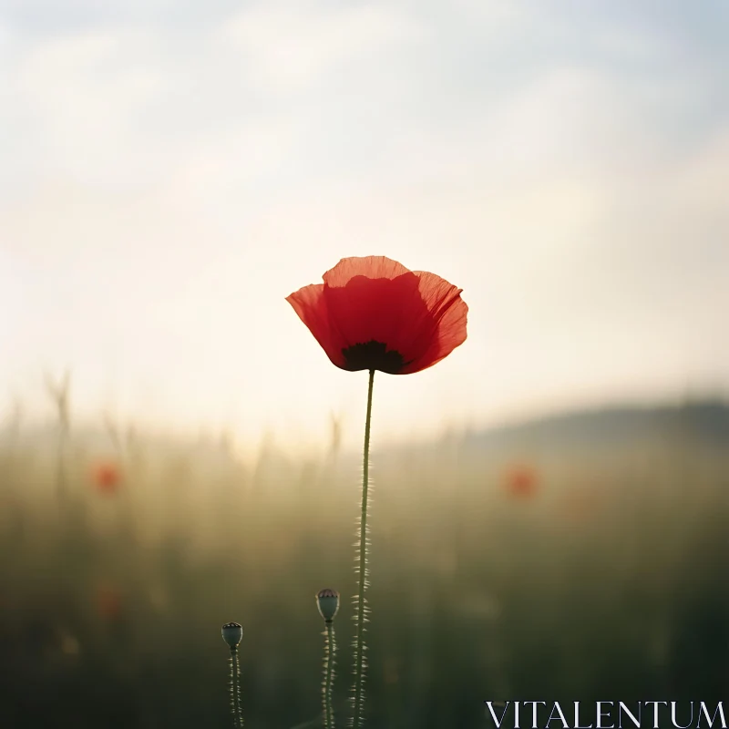 AI ART Solitary Red Poppy in Summer Meadow