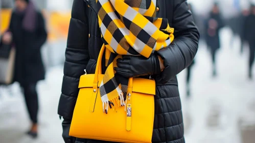 Fashionable Woman in Black Coat with Yellow Scarf