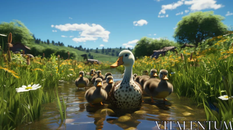 Idyllic Rural Scene with Ducks Swimming in Stream AI Image