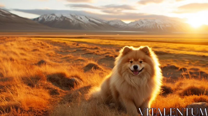 Luminescent Landscape with Fluffy Dog in Field AI Image