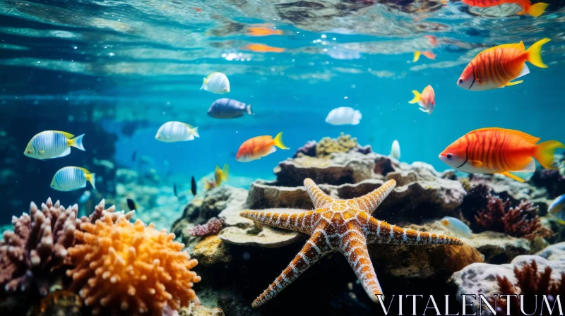 Underwater Serenity: Starfish Amidst Colorful Fish and Coral AI Image