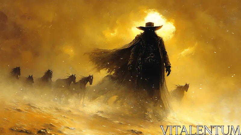 AI ART Western Cowboy with Horses Silhouette