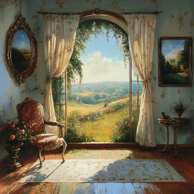 Sunlit Interior with Pastoral Vista Artwork