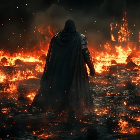 Hooded Warrior in Burning Landscape