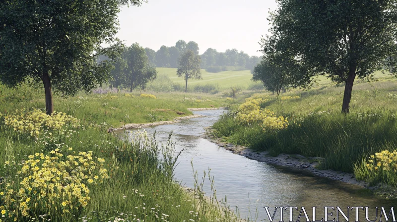 AI ART Idyllic Meadow with a Meandering River