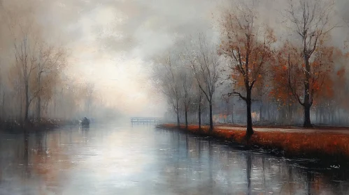 Serene Foggy River Scene in Autumn