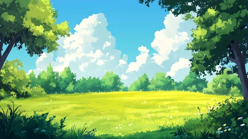 Lush Meadow with Trees and Clouds