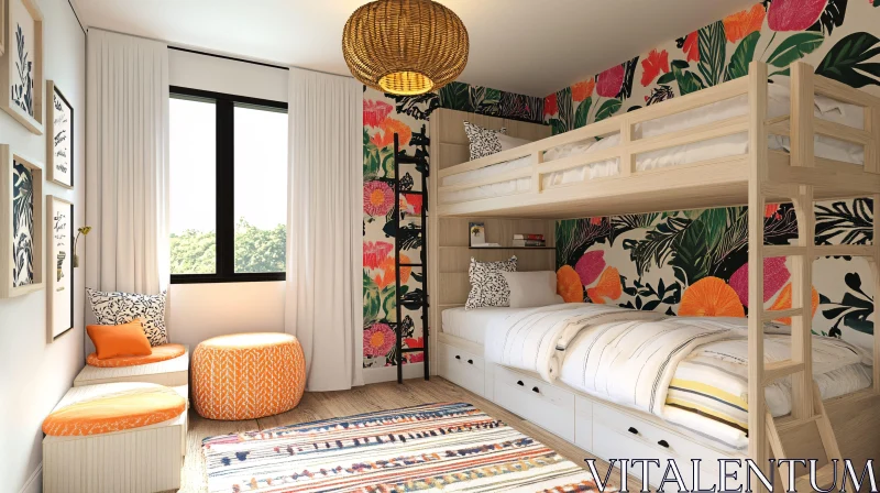 Vibrant Bunk Bed Room with Floral Accents AI Image