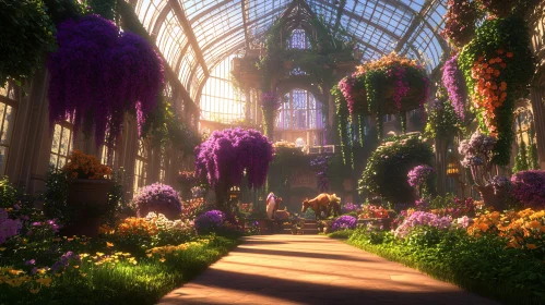 Lush Greenhouse Interior with Colorful Flowers