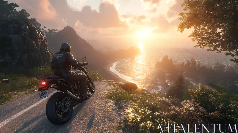 AI ART Biker at Sunset Overlooking the Ocean