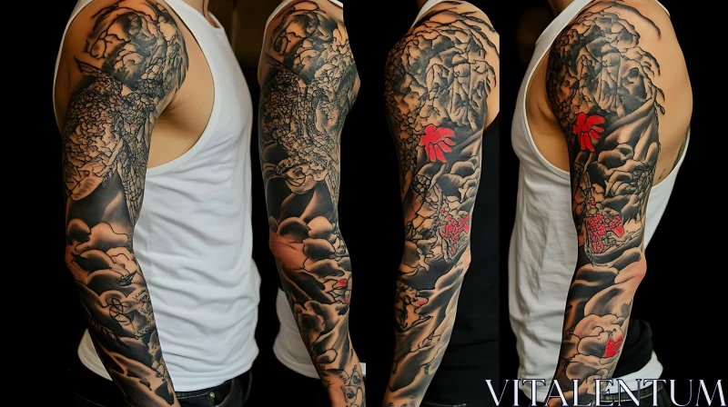 Detailed Full-Sleeve Tattoo with Dragon and Red Highlights AI Image