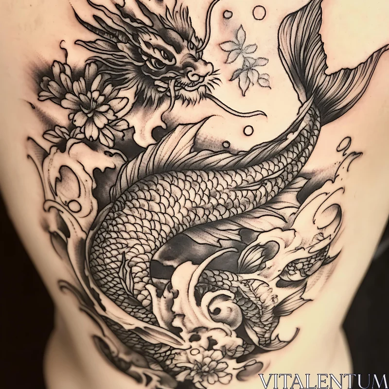 Detailed Dragon and Fish Tattoo in Black and Gray AI Image