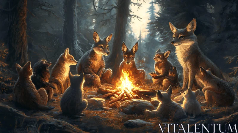 Fox Clan by the Fire AI Image