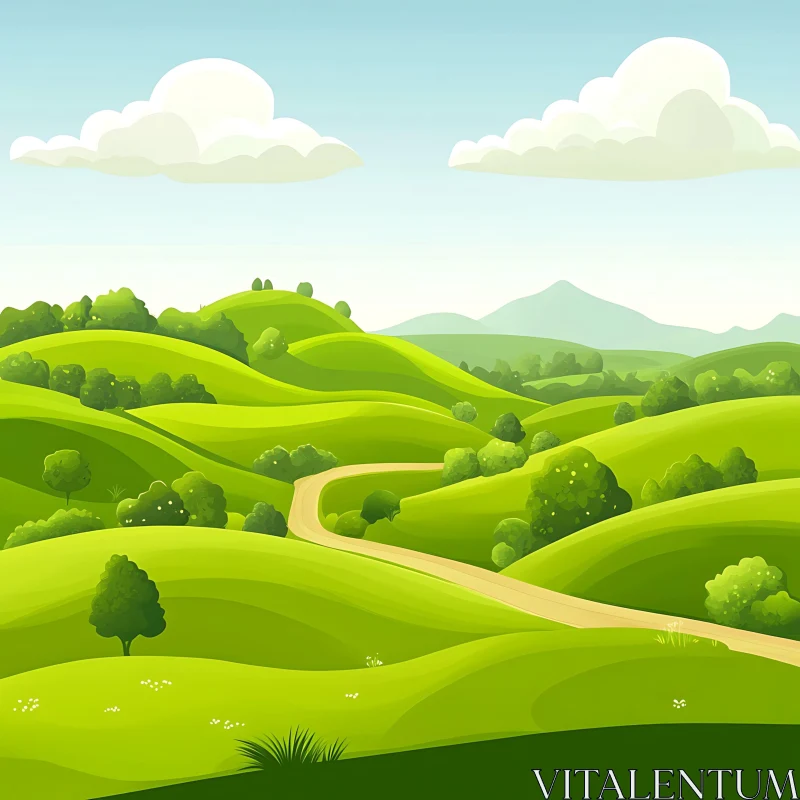 AI ART Serene Green Hills and Winding Path