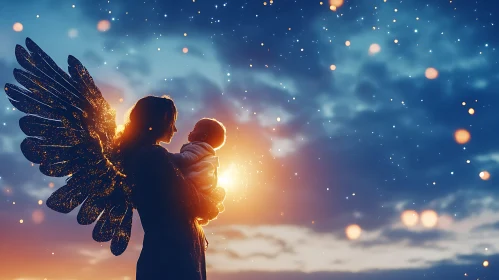 Winged Guardian with Infant in Twilight