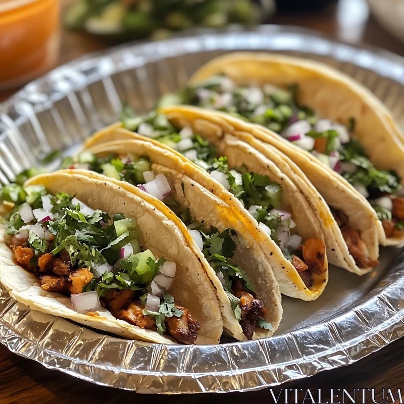 Close-Up of Flavorful Tacos on a Metal Plate AI Image