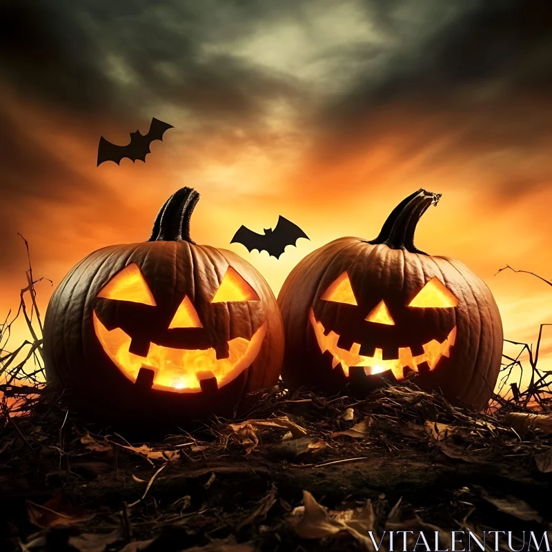 Spooky Halloween Pumpkin Display with Bats AI Image