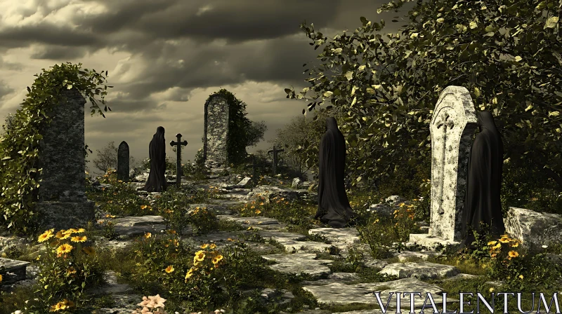 Mysterious Figures in Overgrown Cemetery AI Image