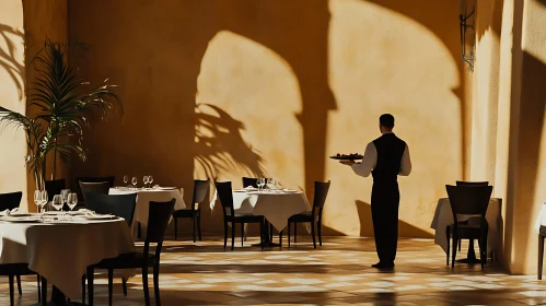 Waiter Serving in a Warm Restaurant