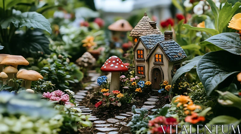 Tiny Houses and Mushrooms in a Garden AI Image